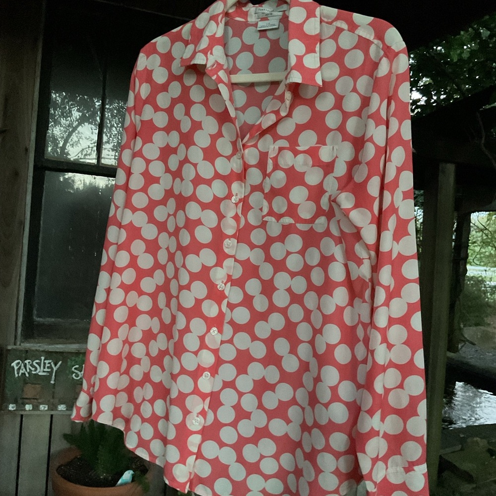 Van Heusen Studio Easy Fit Coral Pink White Polka Dot Button Down Blouse Large L